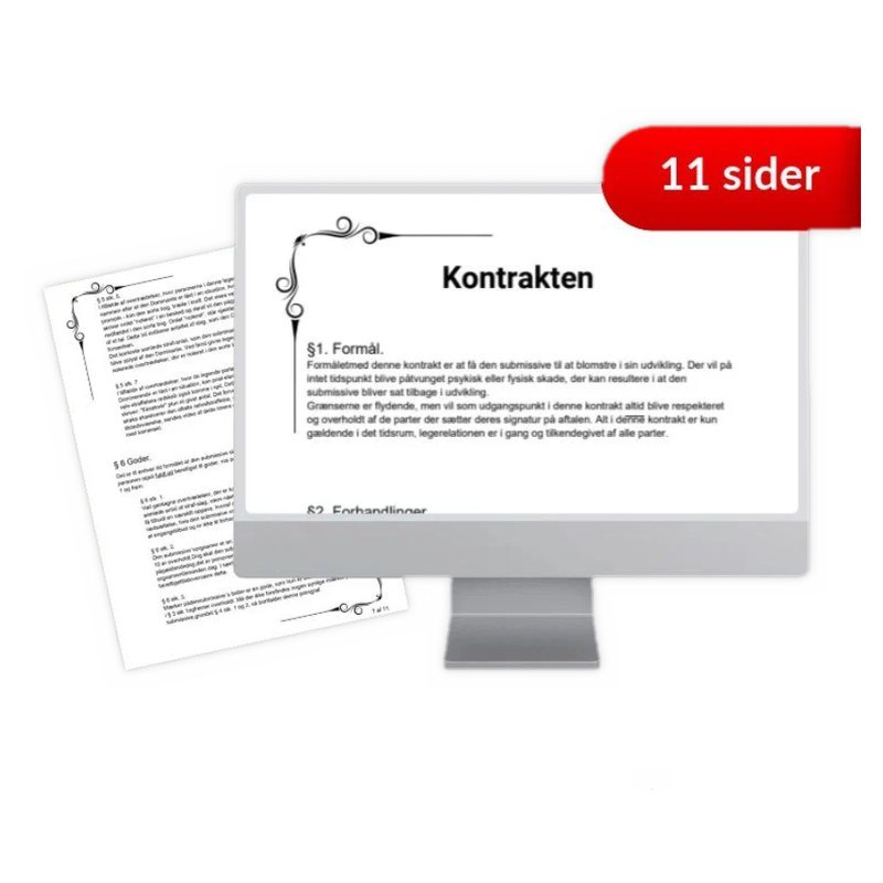 En skærm med overskriften Kontrakten og to udskrevne sider ved siden af, med rødt mærke 11 sider, på hvid bund
